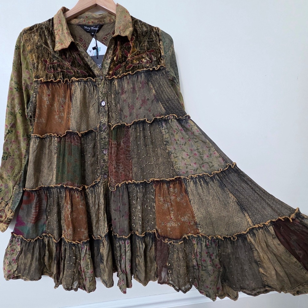 Young Threads Whimsigoth Embroidered Patchwork Shirt Dress Sz M Velvet Grunge - Picture 4 of 16